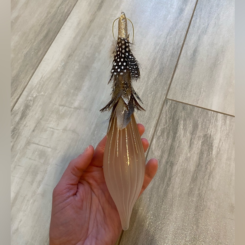 Frosted Glass Teardrop Christmas Ornament with Gold Sparkle Flocking & Feathers